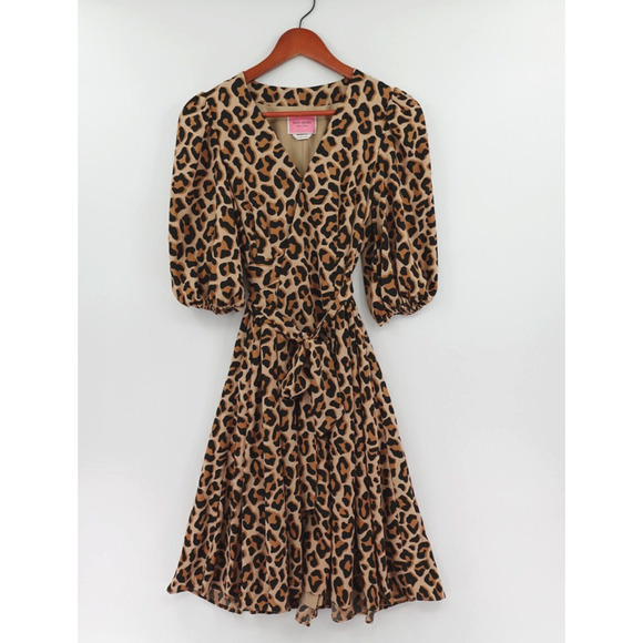 Kate Spade Leopard Print Wrap Dress Brown Crepe HOCO 80s Mob Old Money - Picture 2 of 16